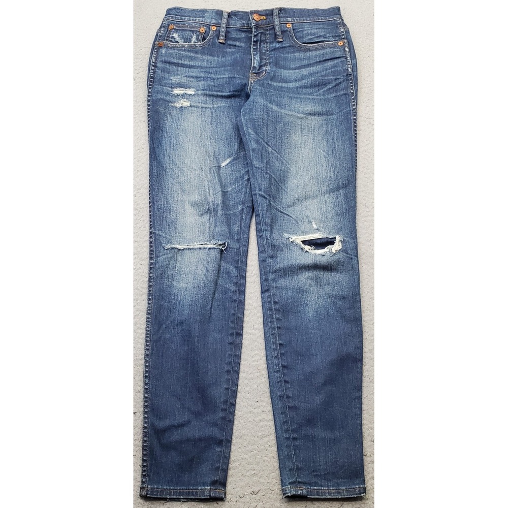 Madewell Skinny Leg Jeans Womens 28 Blue Denim 9"High Rise Distressed Whiskered